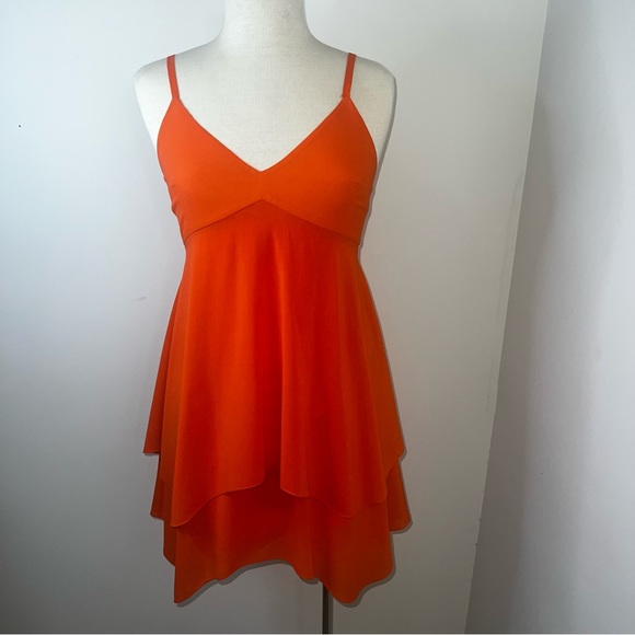ALICE + OLIVIA TIERED MINI DRESS IN ORANGE SILK ORANGE Size 6 - Picture 2 of 16